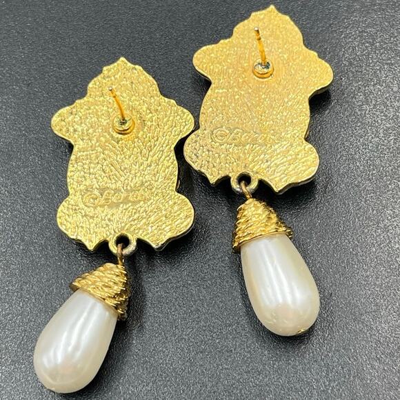 Berebi Designer Vintage Black Enamel Faux Pearl Drop Dangle Statement Earrings - Picture 6 of 7